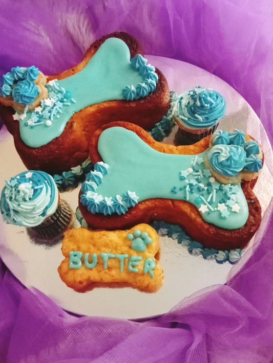 Double bone cake with pup-cakes   X 2 18 cm bone cakes with pup-cakes and biscuit bone , your choice of colour and personalised text