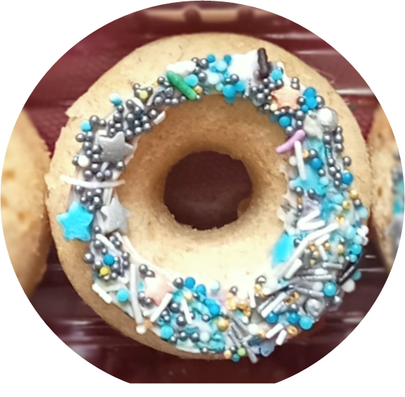 DOGGY DO-NUTS      so popular , soft and doggylicious , made with bananas, honey and peanut putter , toppings of dog friendly cream cheese mix with a sprinkling of fairy dust !  perfect for older doggos or those who are teeth deprived