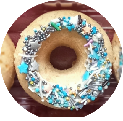 DOGGY DO-NUTS      so popular , soft and doggylicious , made with bananas, honey and peanut putter , toppings of dog friendly cream cheese mix with a sprinkling of fairy dust !  perfect for older doggos or those who are teeth deprived